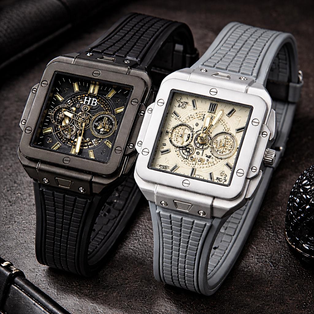 Two watches, one black and one gray, on a dark textured surface.