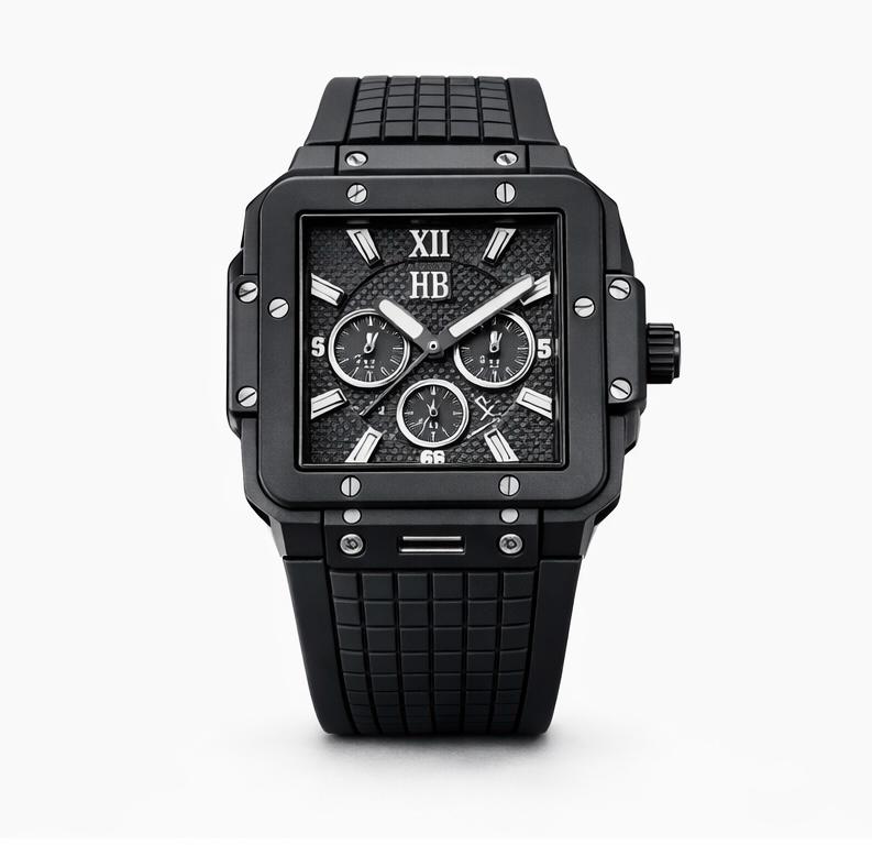 Black wristwatch with detailed face on a white background