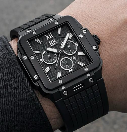 Black豪雅手表 on a wrist with a dark background